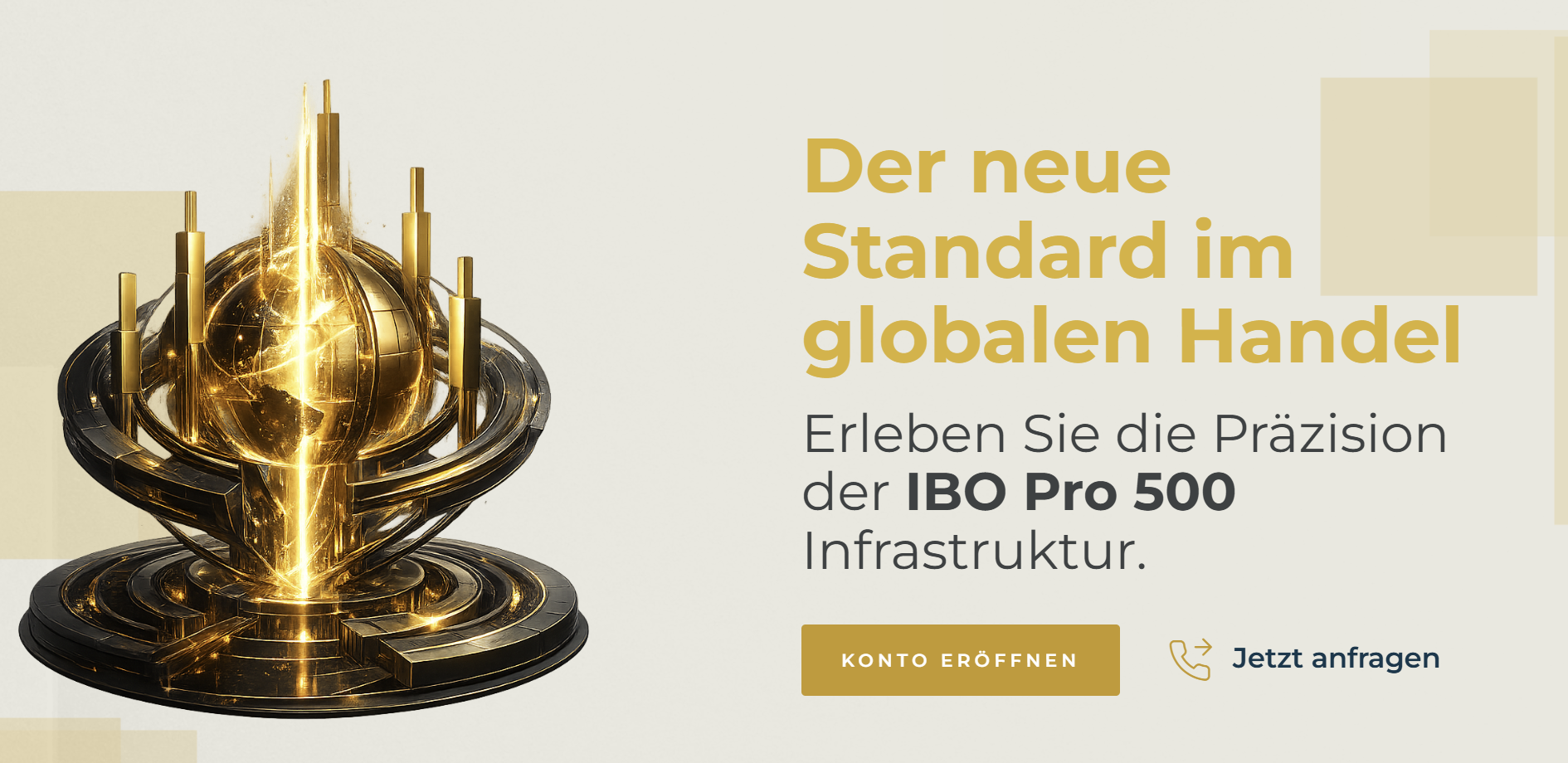 Banner von IBO International mit dem Text „Der neue Standard im globalen Handel“ und Verweis auf die IBO Pro 500 Infrastruktur
