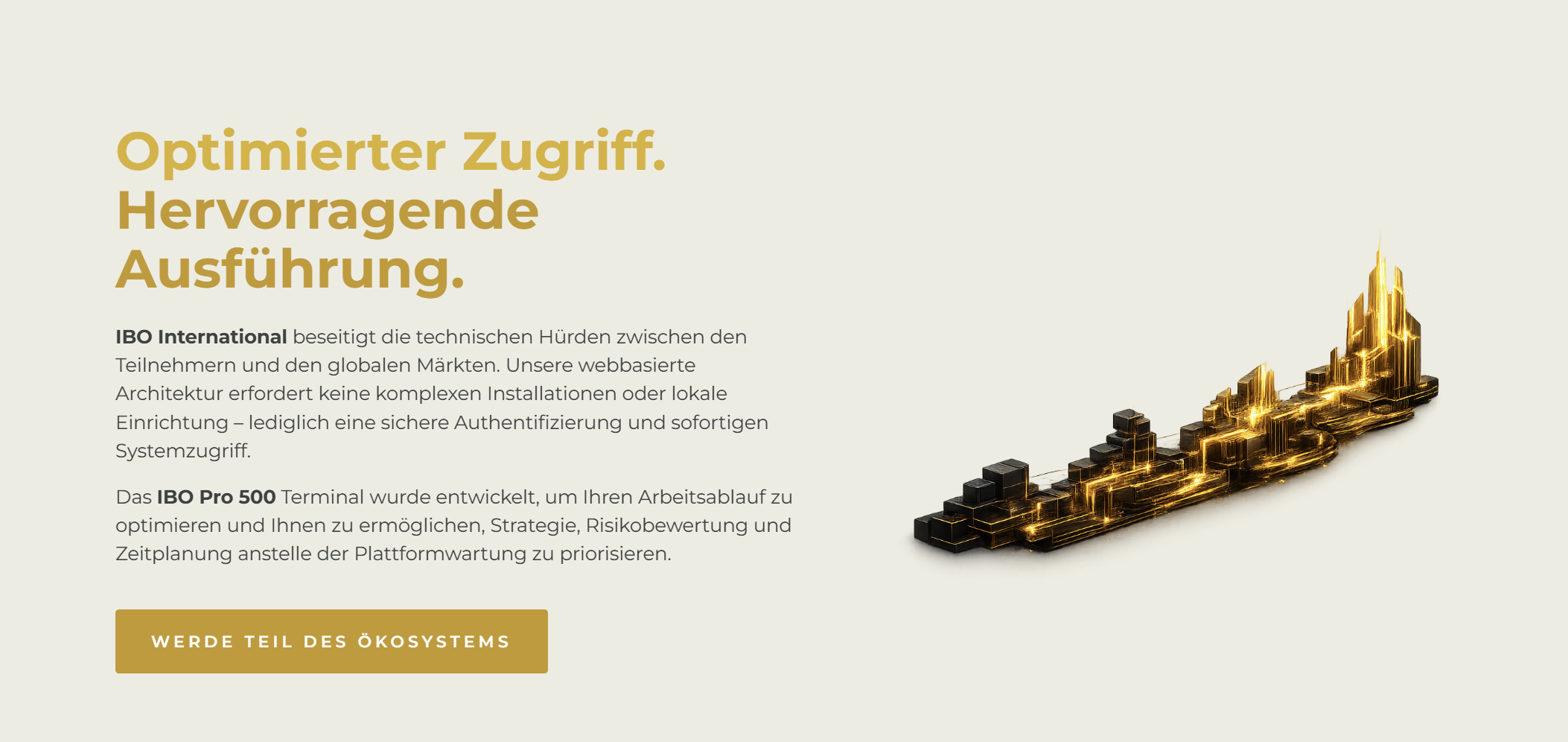 Darstellung von IBO International mit Fokus auf Zugang und Ausführung der Plattform