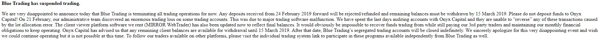 Blue Trading has suspended trading - screenshot from bluetrading.com