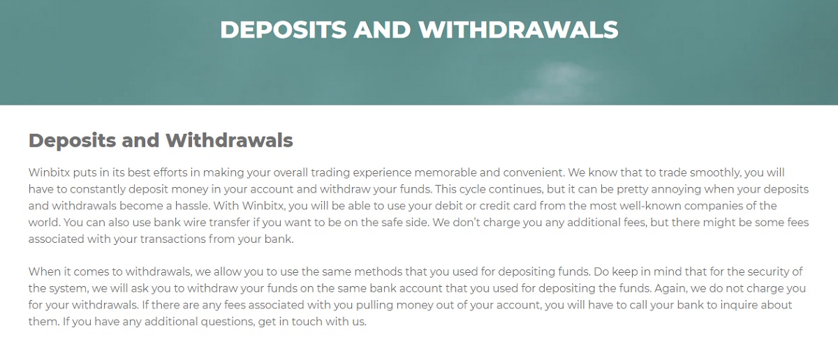 Winbitx DEPOSITS AND WITHDRAWALS 