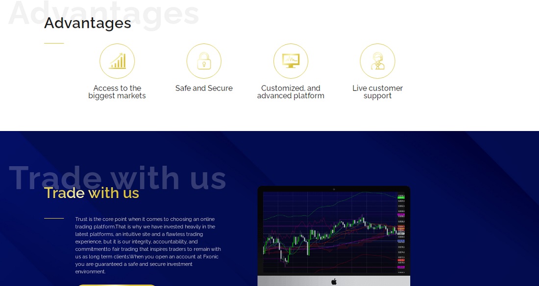  Page  d’accueil du courtier Fxonic expliquant les avantages de leur offre de trading en ligne